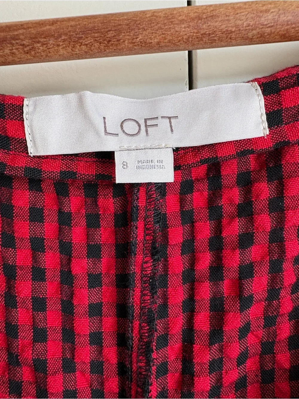 LOFT Gingham Gathered Square Neck Top Red Black Puff Sleeve Blouse Size 8 Picnic